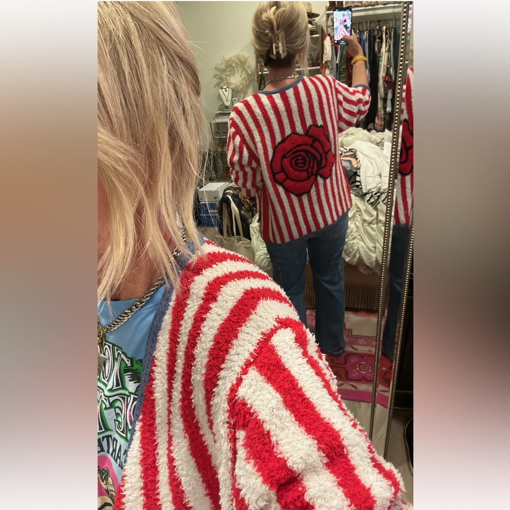 POL Red and White Striped Rose Cardigan - Picture 3 of 15